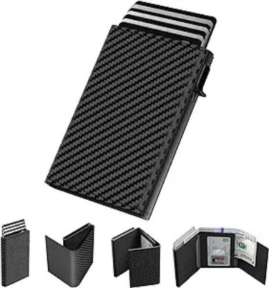 Picture of 1typecase Mens Wallet Card Holder: Pop Up Aluminum Case, Carbon Fiber Leather, Smart, RFID Blocking, Slim, Minimalist, Front Pocket - 9-14 Capacity | ID Window | Cash Slot (Black)